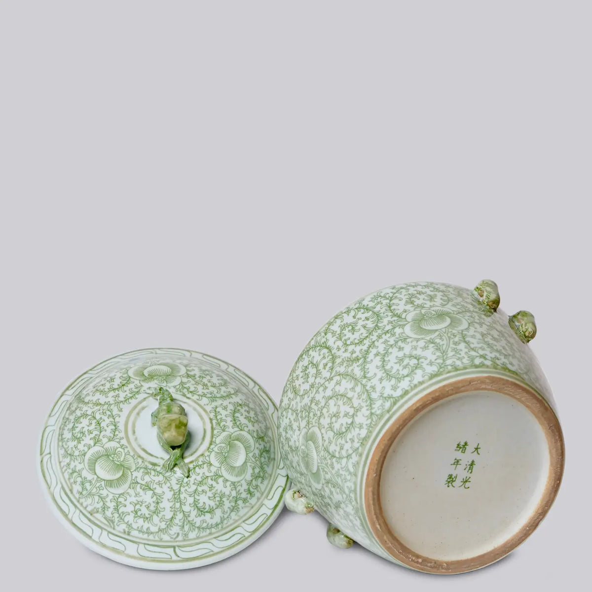 Green and White Porcelain Scrolling Peony Lug Jar Candle